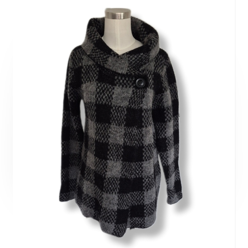 Ellen Tracy Cardigan / Jacket Gray Black Buffalo Plaid Wool Blend Size M NEW - Picture 2 of 8